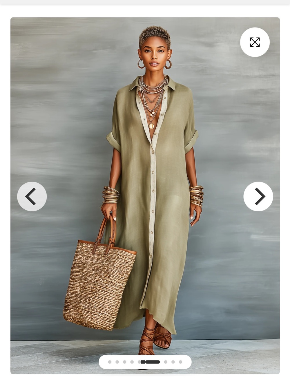 MODESEES XS OVERSIZED Tan Button-Front Maxi Shirt Dress